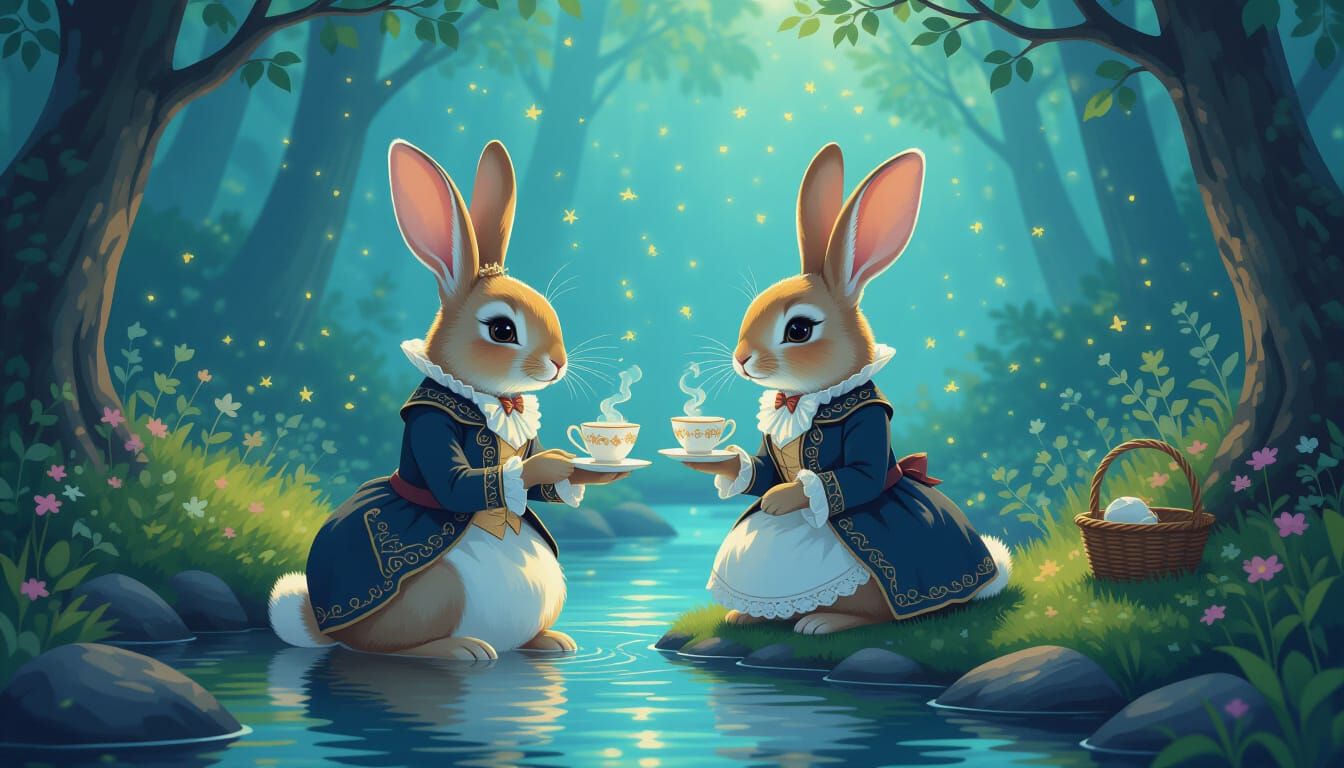 Victorian Rabbits' Tea Party in Enchanted Forest
