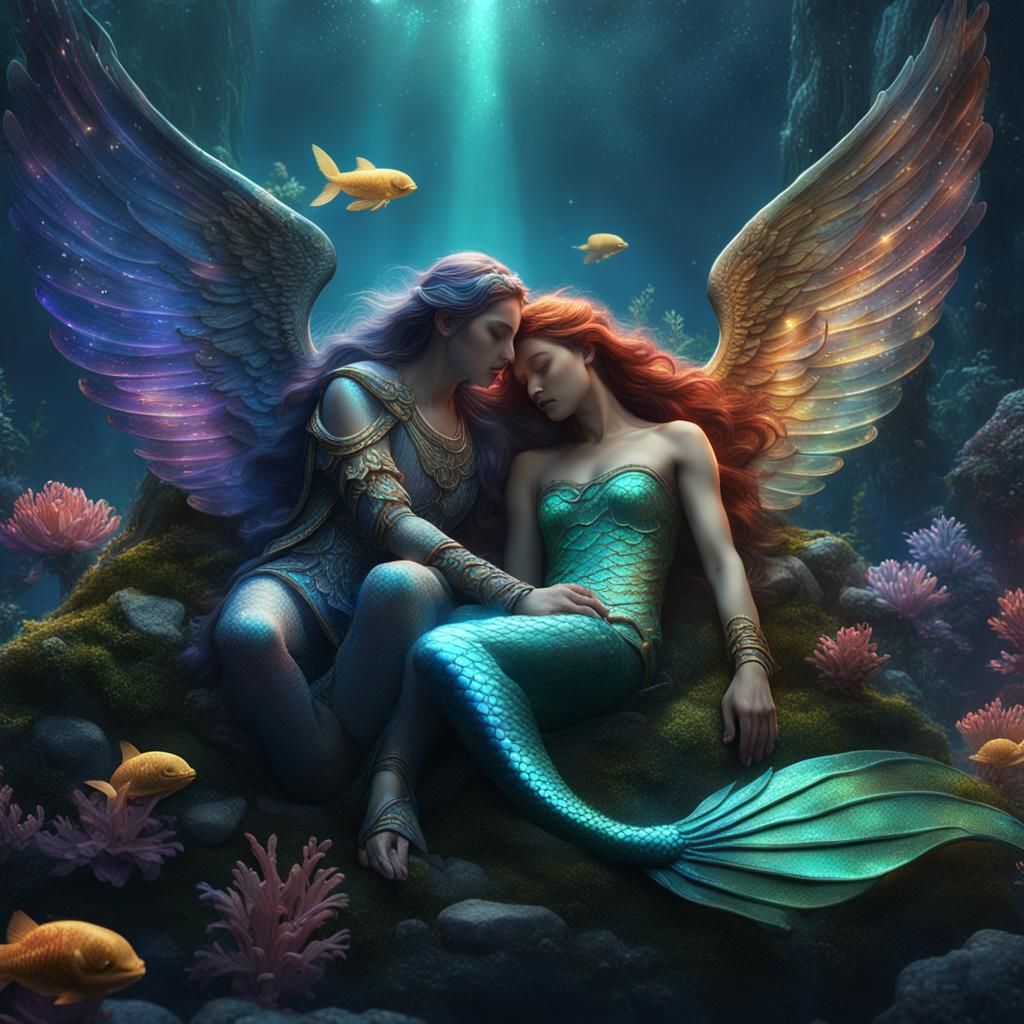Iridescent Angel and Mermaid Sleeping: Fantasy Art