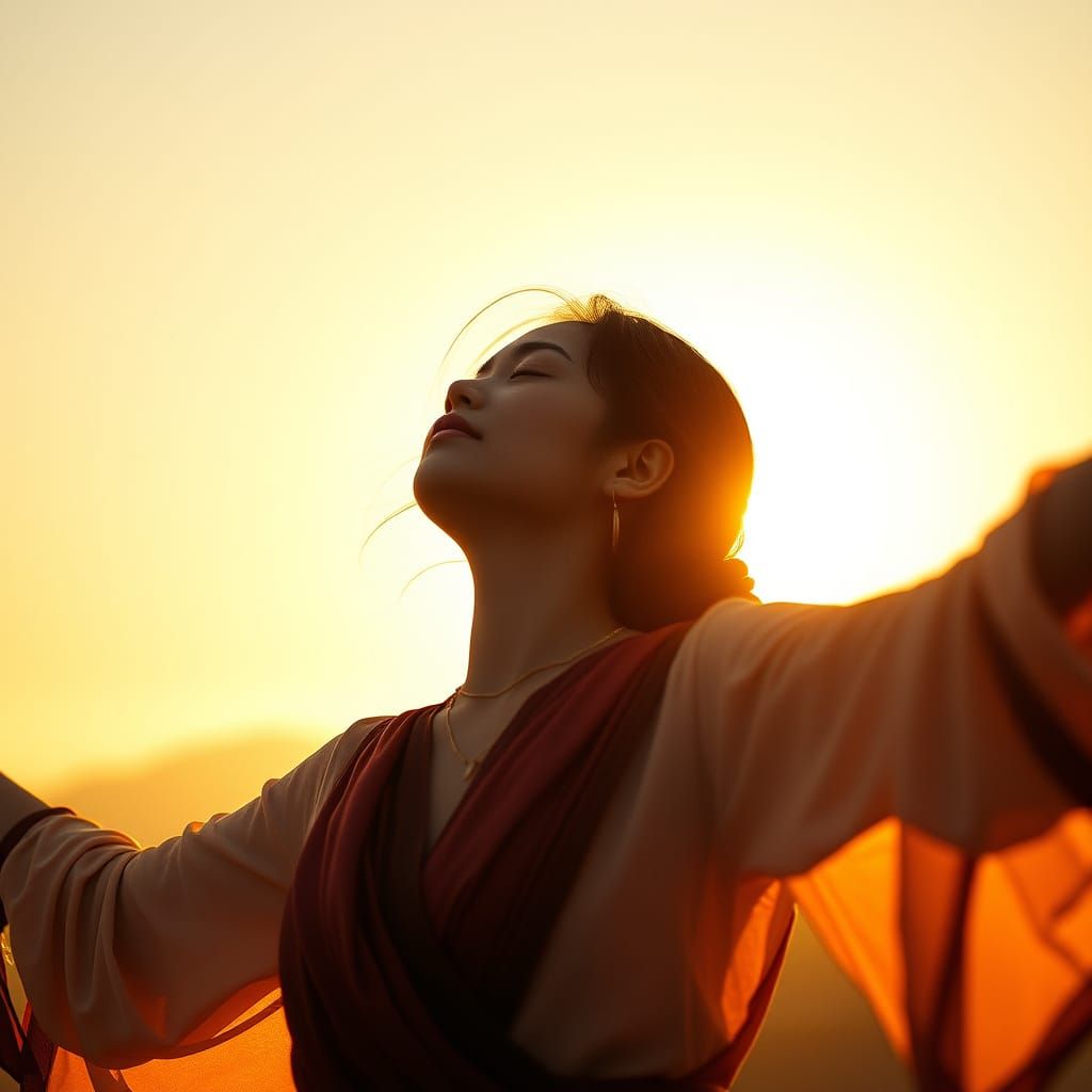 Woman Embracing Dawn in Hyperrealistic Cyberpunk Style