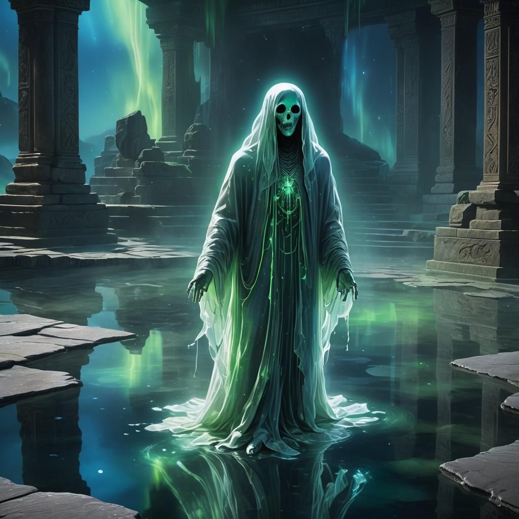 Sorrowful Ghost in Ancient Temple with Aurora Borealis