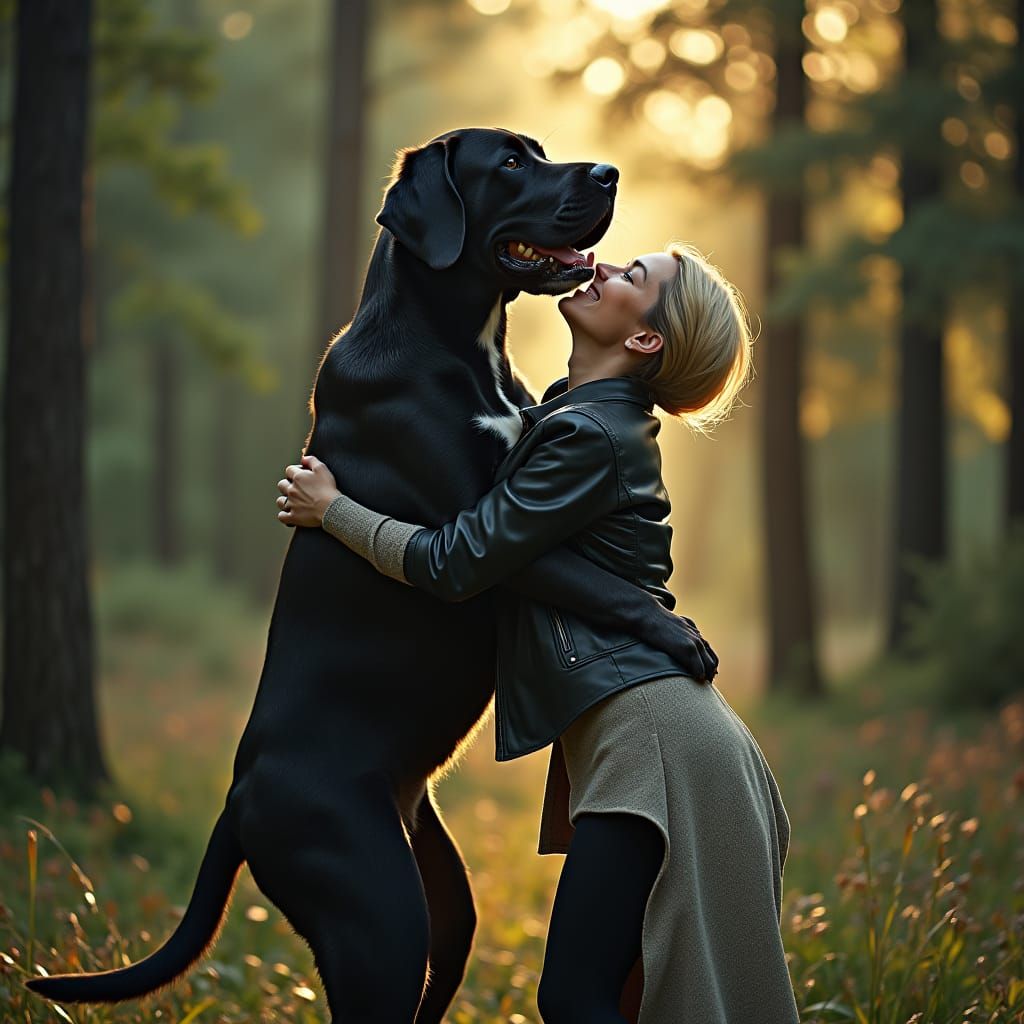 Woman and Mastiff Embrace in Forest, Cinematic Lighting
