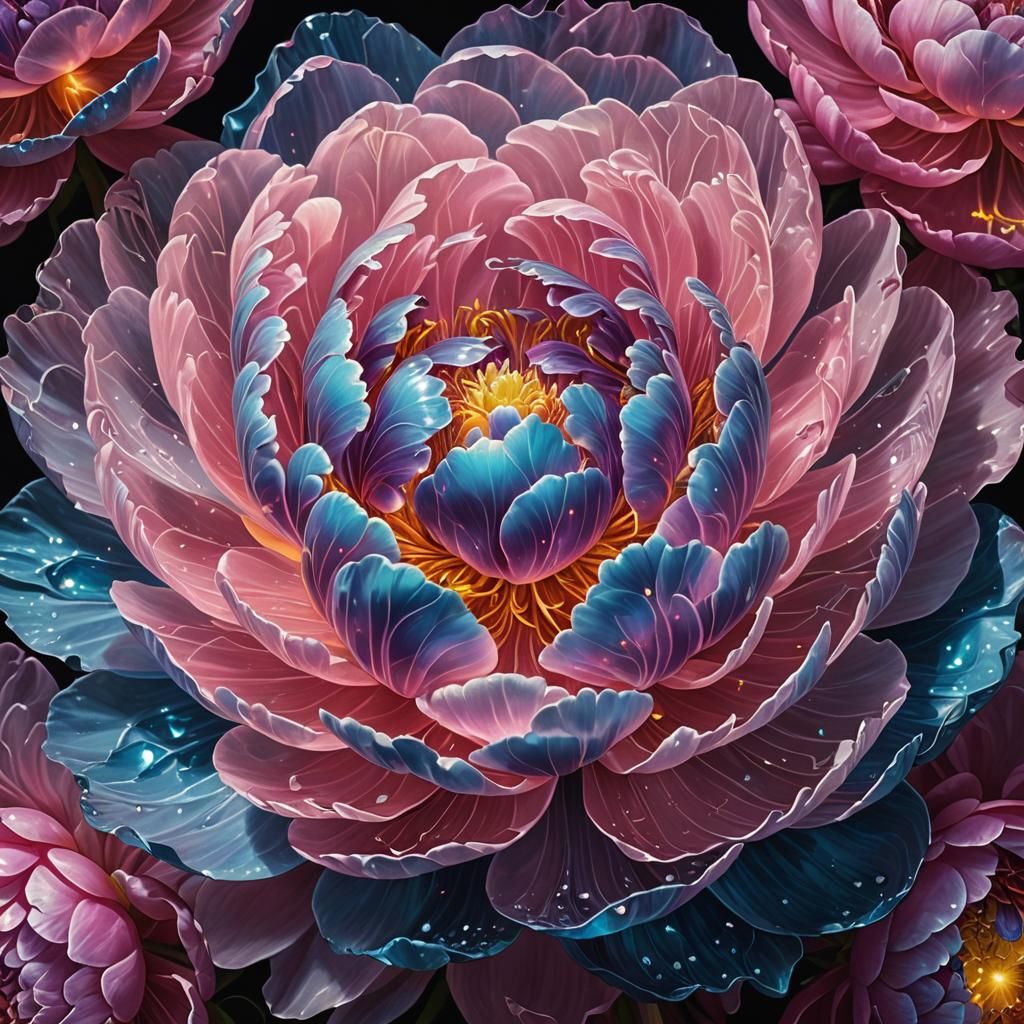 Glowing Crystal Peony in Hyperrealistic Style