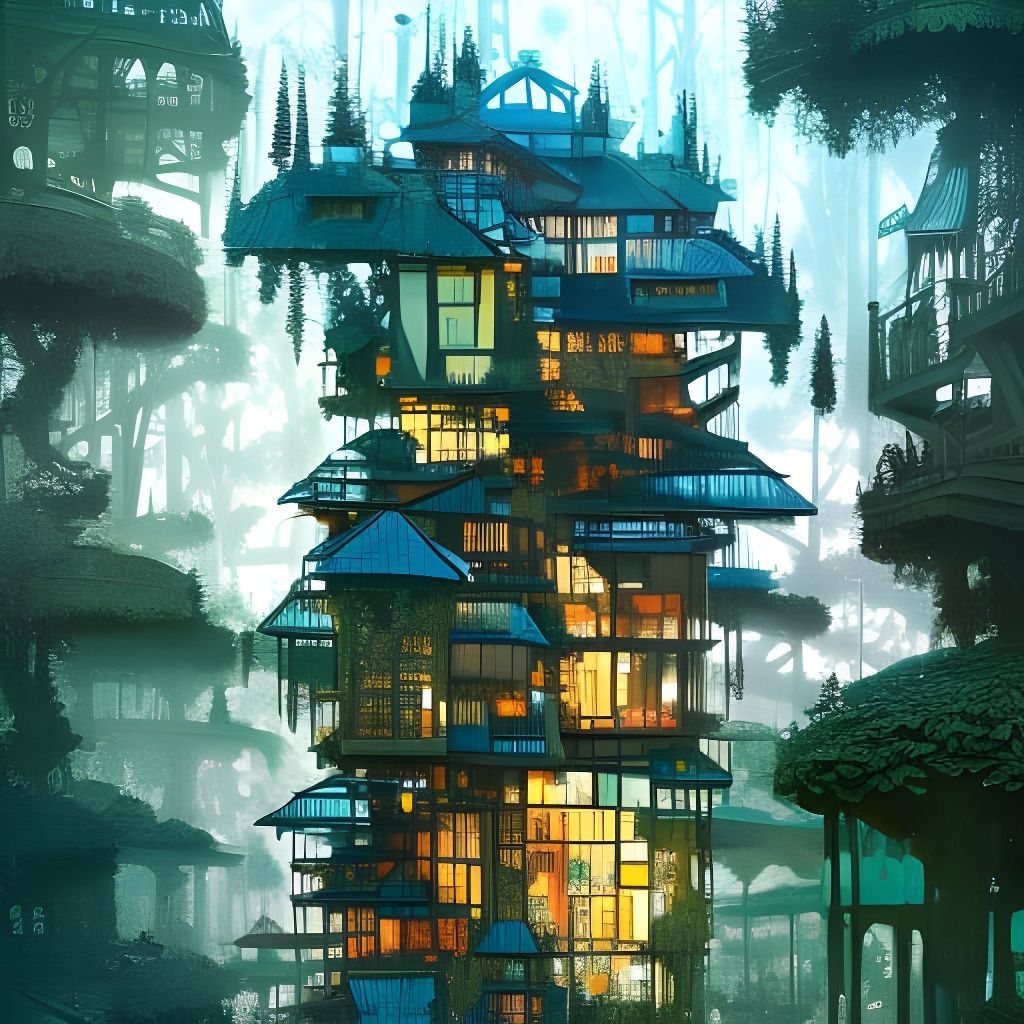 Clockpunk Stained Glass Treehouse: Digital Illustration