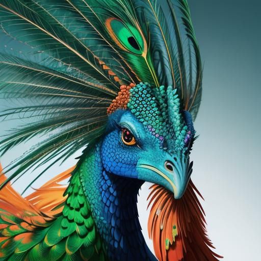 Dragon Woman Portrait with Peacock Feathers, Surreal Digital...