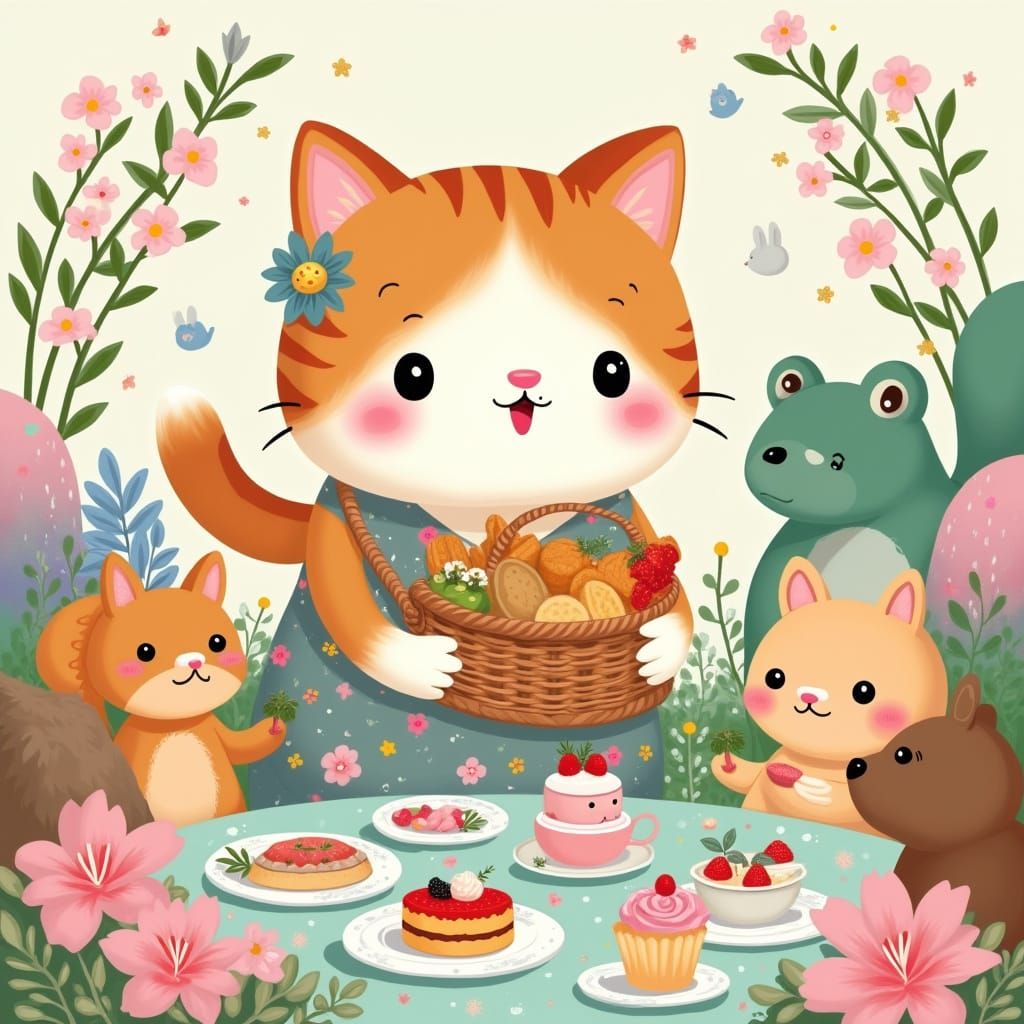 Kawaii Cat's Pastel Tea Party with Friends