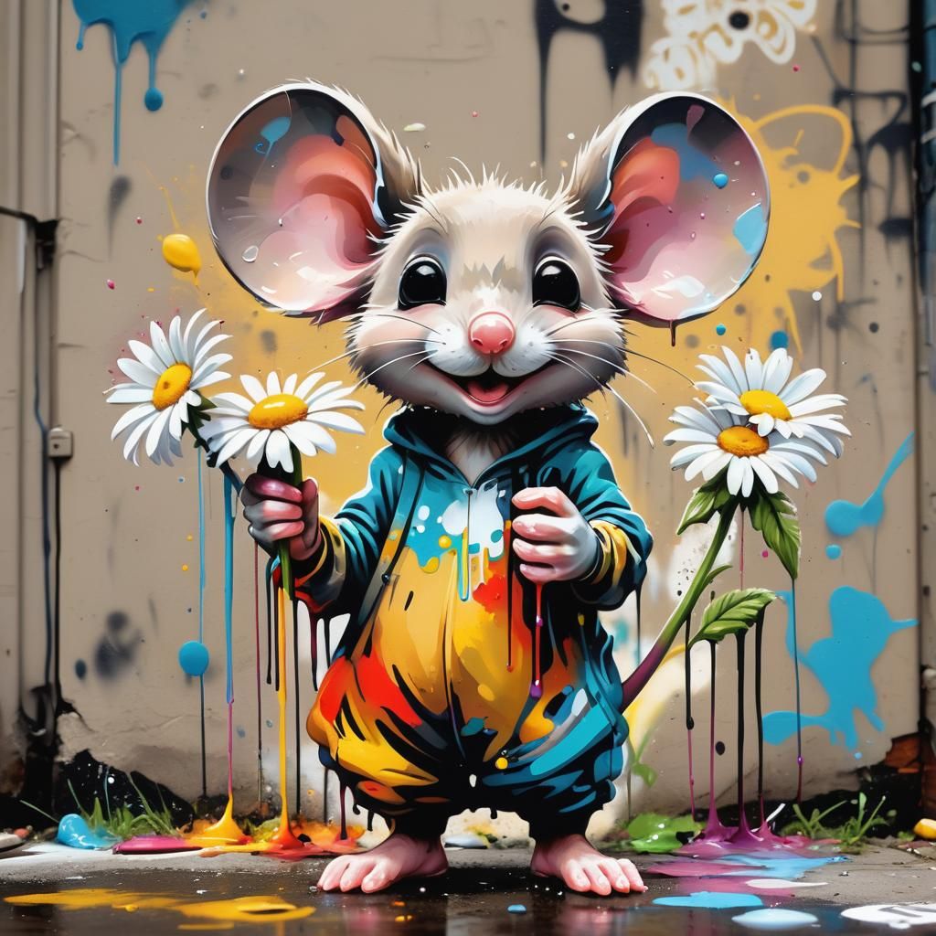 Cute Mouse with Giant Daisy in Graffiti Art Style