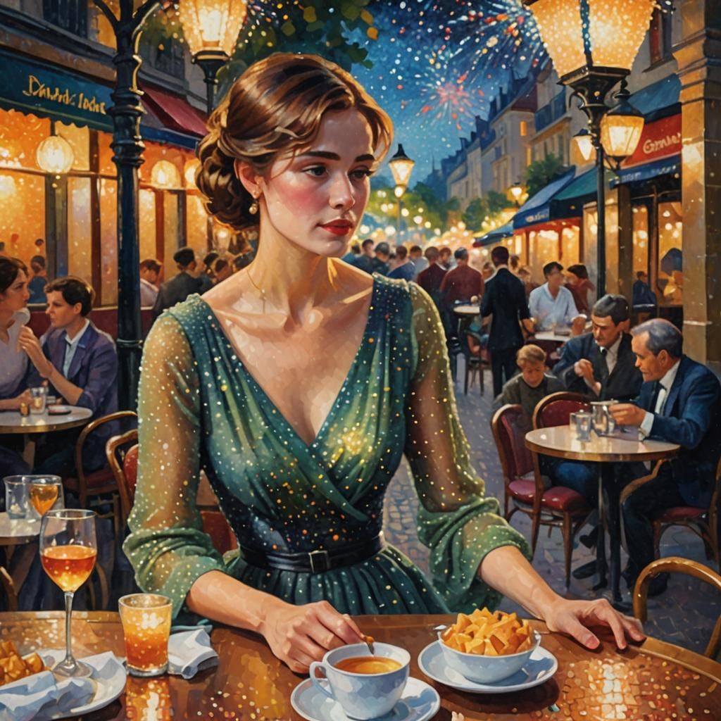 Parisian Cafe Scene in Impressionist Pointillism Style