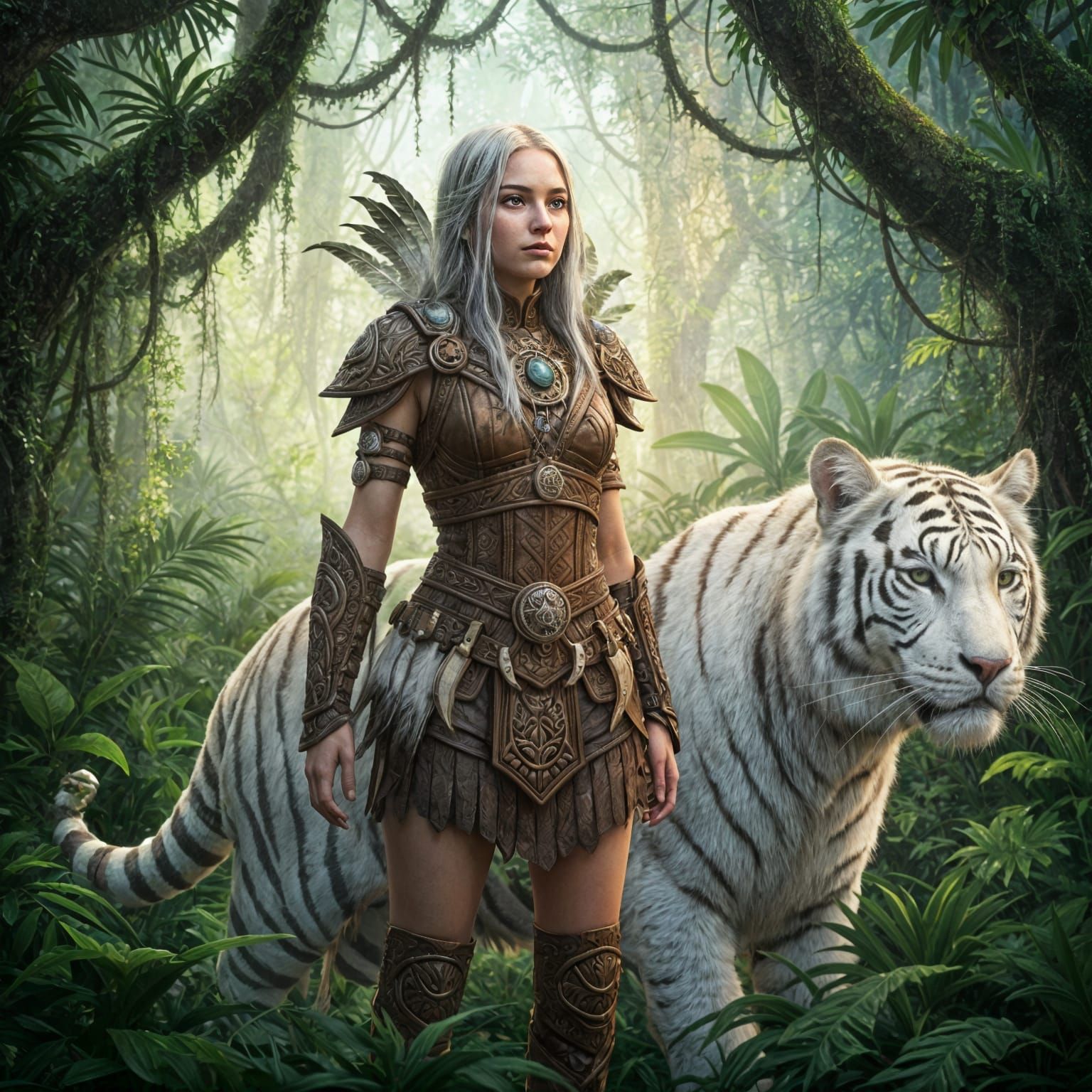Girl and White Tiger in Emerald Jungle