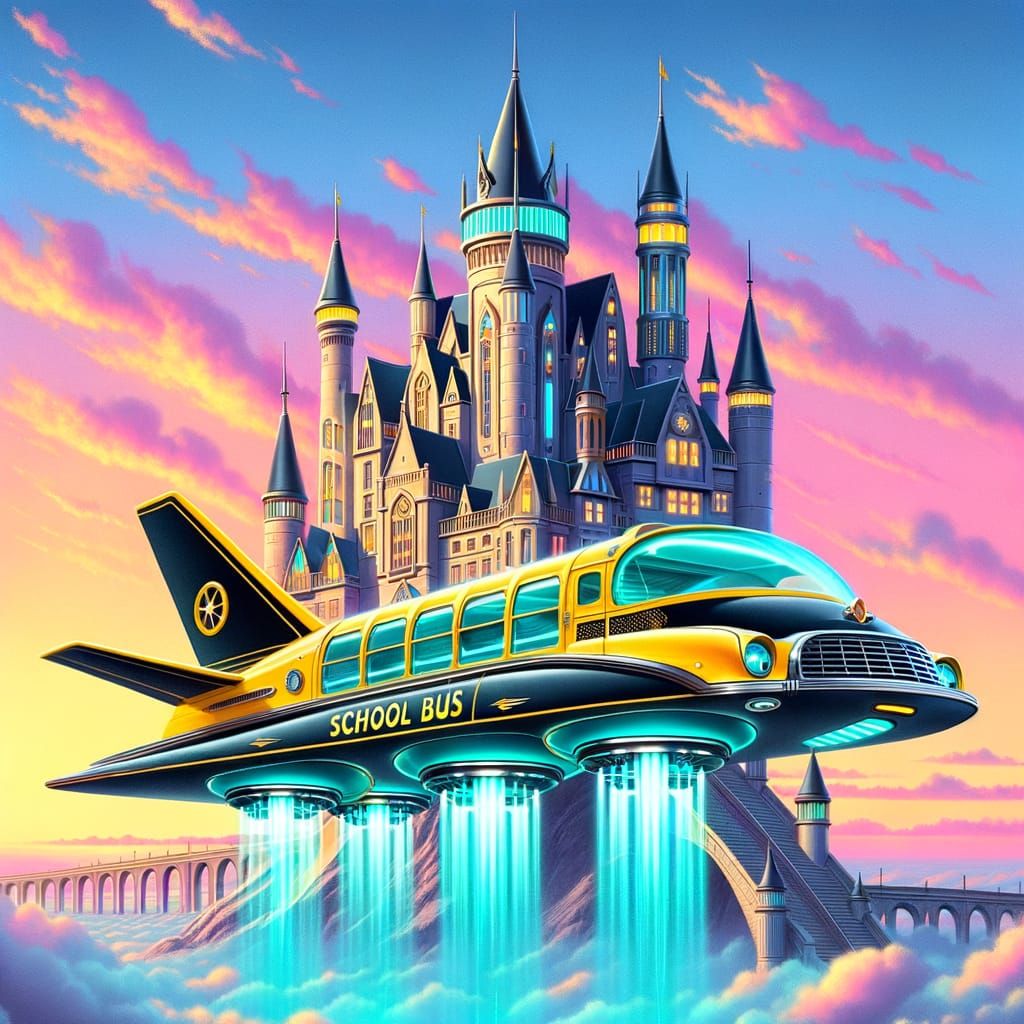 Retrofuturistic Hovercraft School Bus to Castle