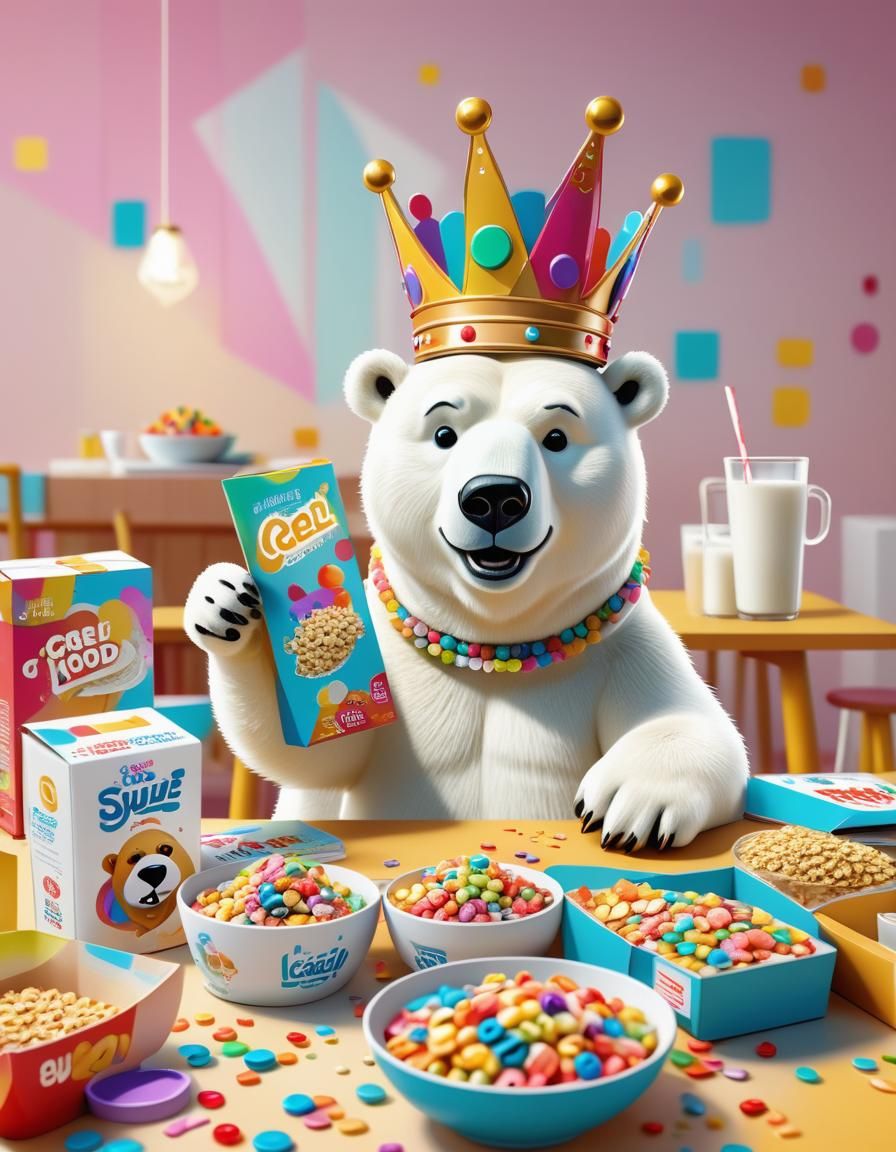 Cereal Box with Polar Bear in Cartoon 3D Style