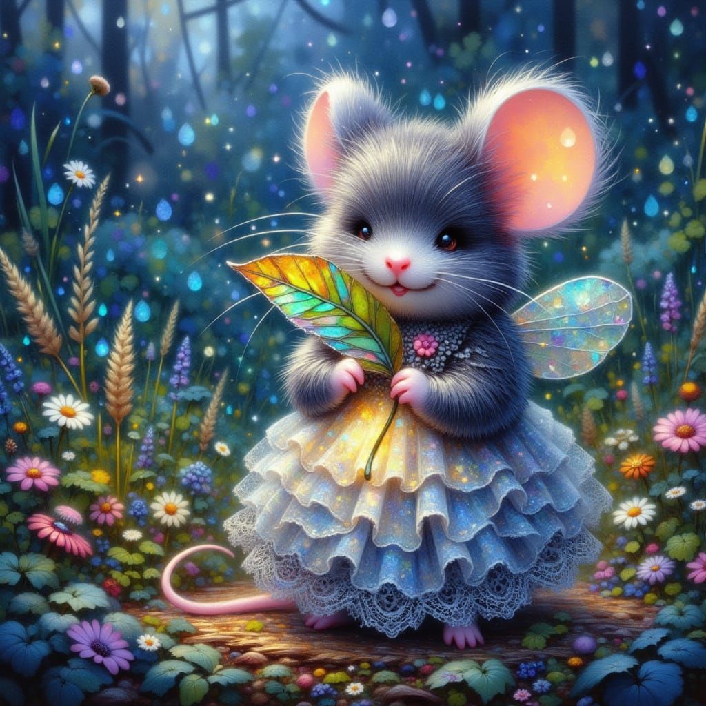 Baby Mouse Shelters Under Stained Glass Leaf from Rain