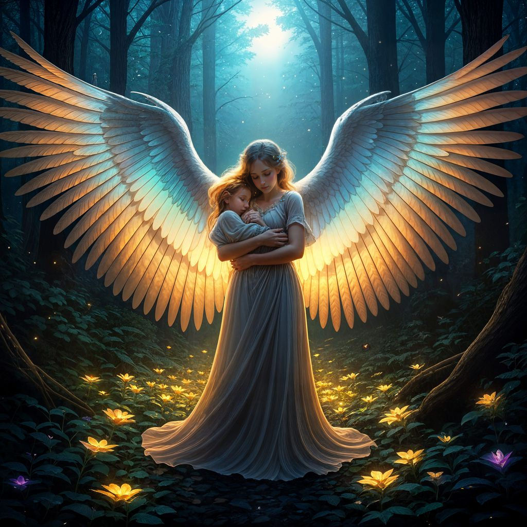 Moonlit Angel Sheltering Child in Dreamcore Forest