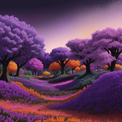 Vibrant Collision of Purple Skies and Orange Trees in a Surr...
