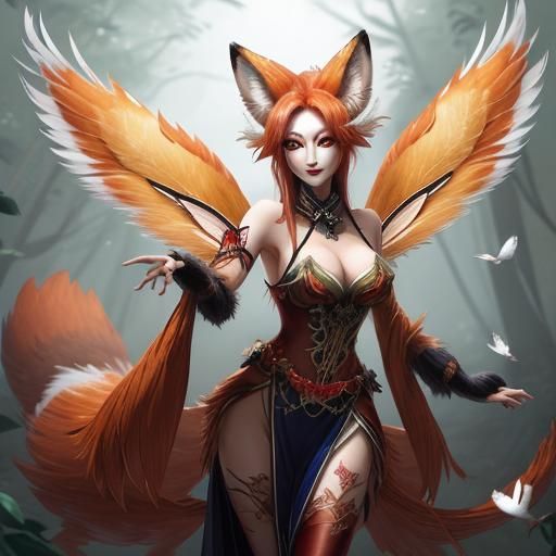 Surreal Foxy Kitsune in Monochromatic Wings