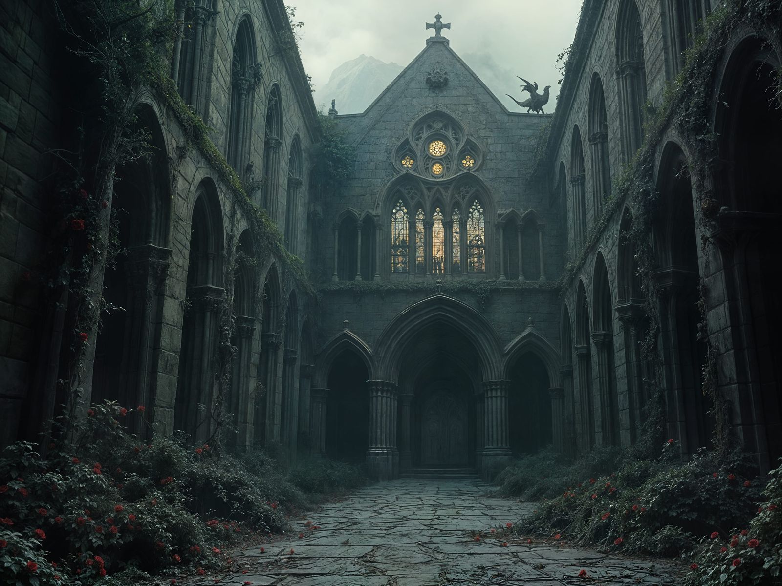 Overgrown Gothic Cathedral in Dark Fantasy Style