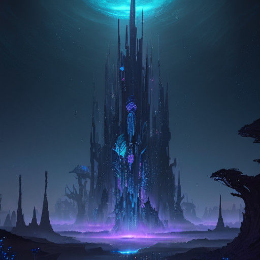 Surreal Paradise with Glowing Nebula and Moon Temple