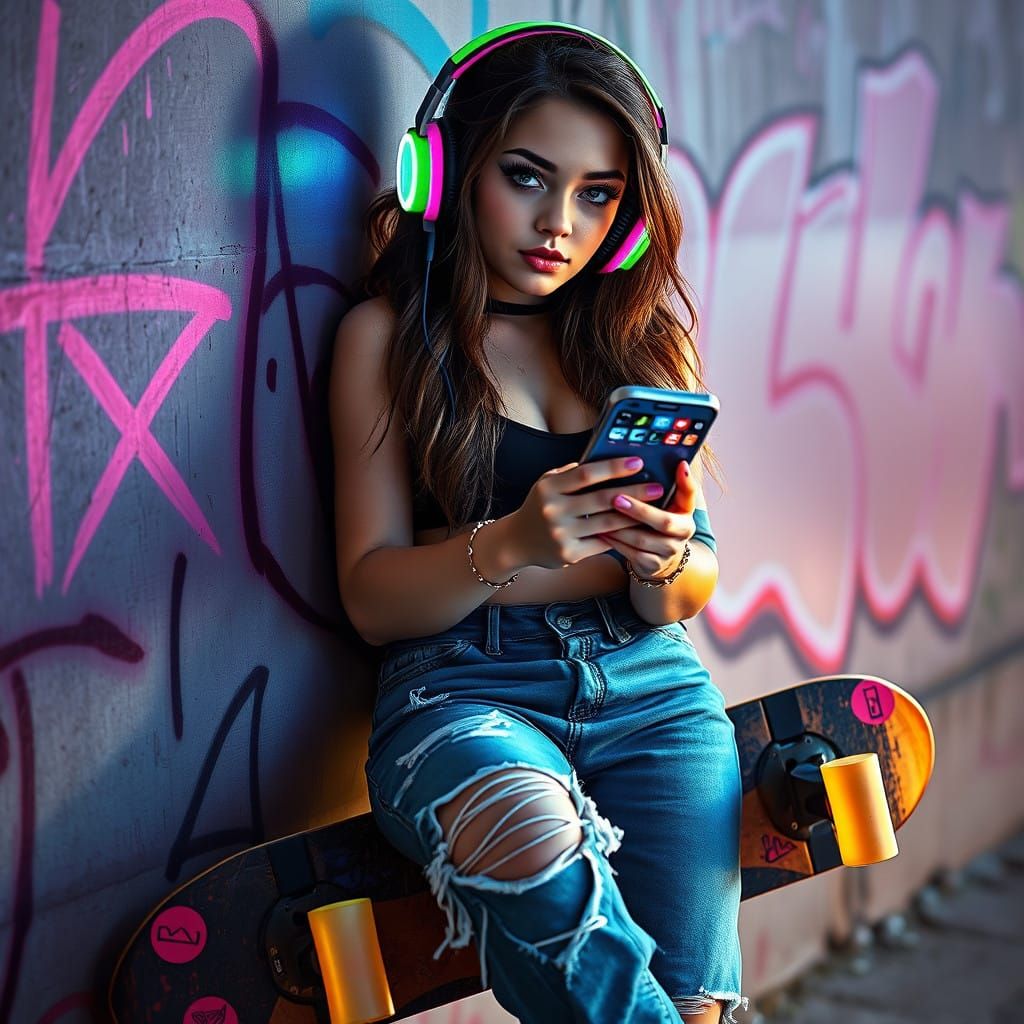 Retro-Futuristic Teenage Rebel with Neon Headphones and Graf...