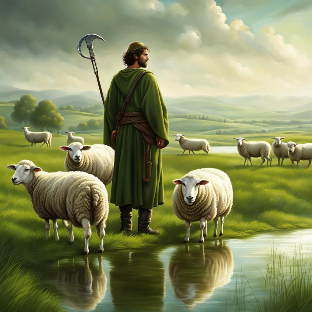 Pastoral Scene of Shepherd Guiding Sheep