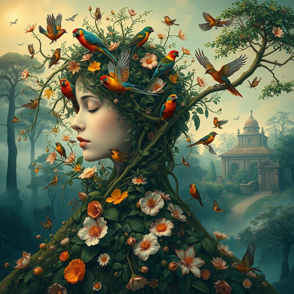 Serene Figure Merges with Vibrant Flora and Fauna