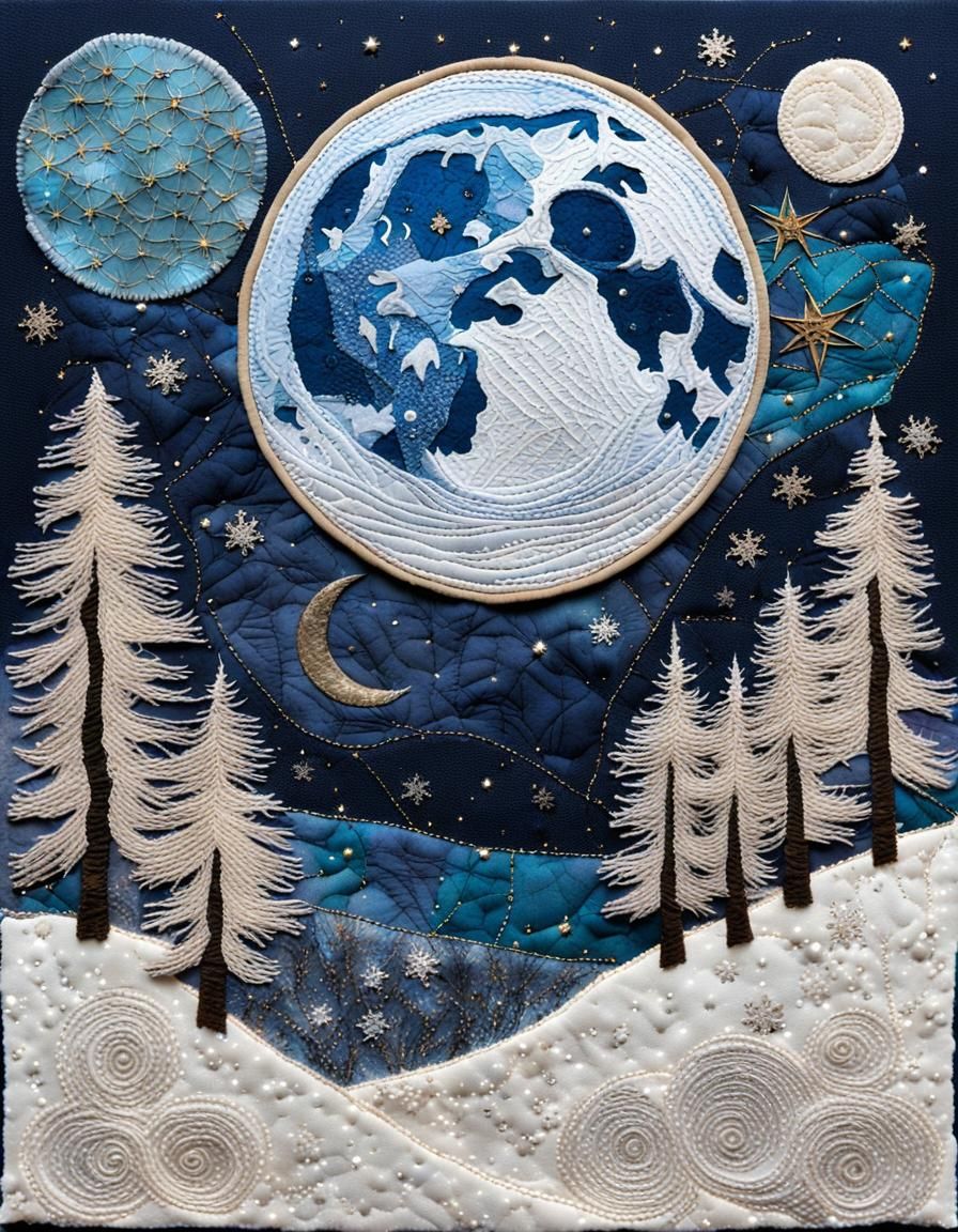 Mystical Winter Full Moon Fabric Collage