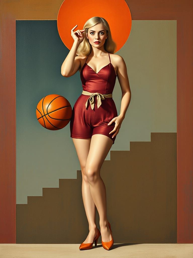 1950s Pin-Up Basketball in Geometric Inca Art Style