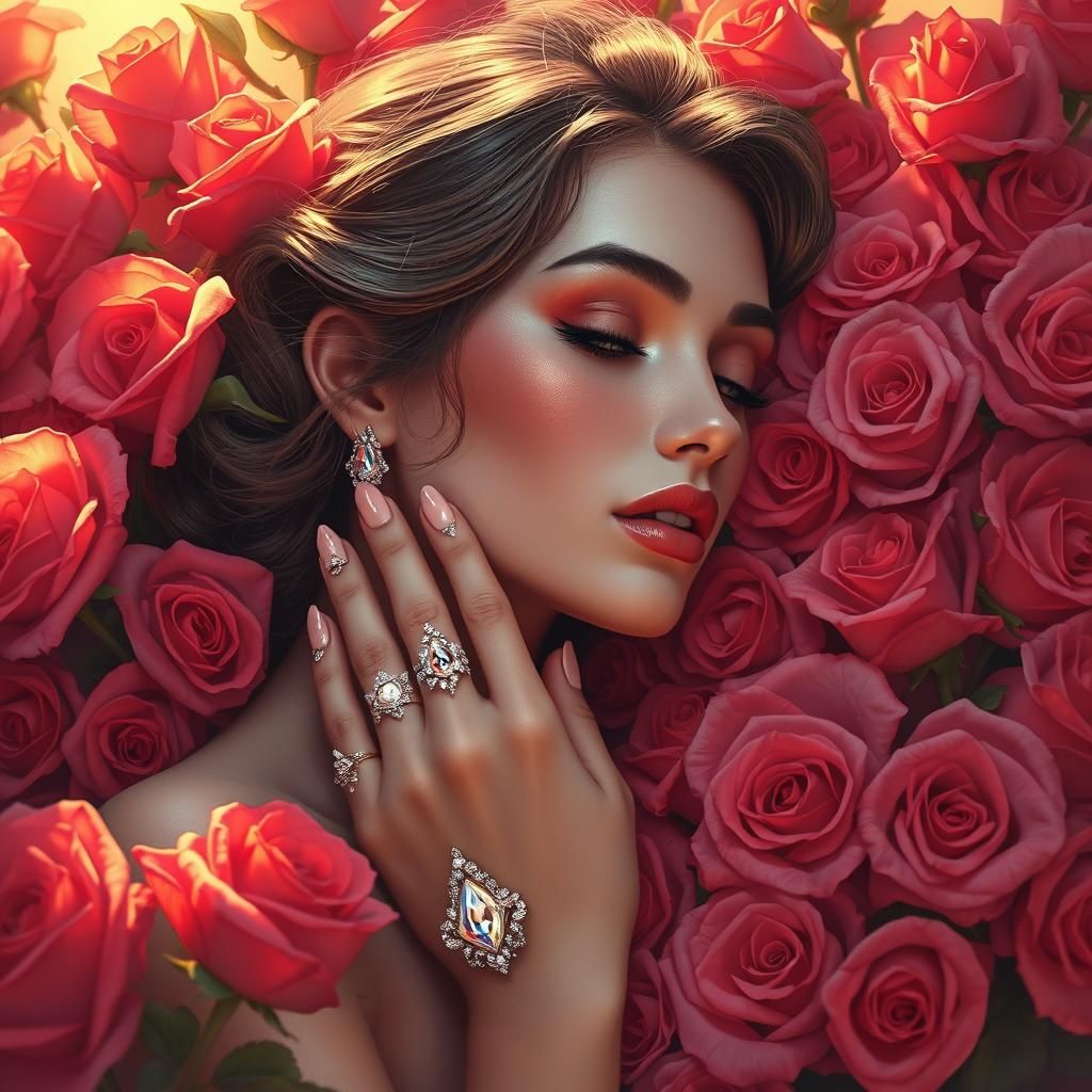 Bejeweled Woman Surrounded by Velvety Red Roses