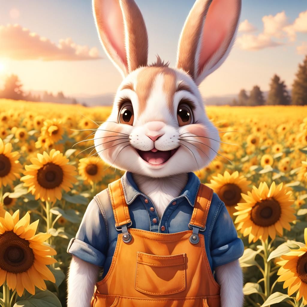 Smiling Rabbit in Sunflower Field Watercolor Art