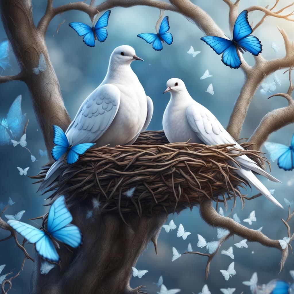 Dove in Nest with Blue Butterflies: Fantasy Art
