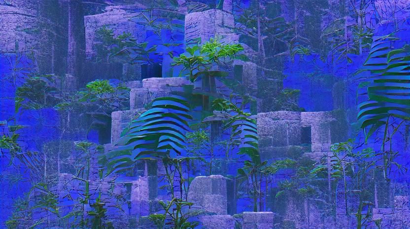 Blue Forest with Mayan Temple in Jungle