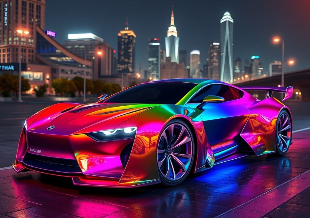 Futuristic Rainbow Car in Cityscape