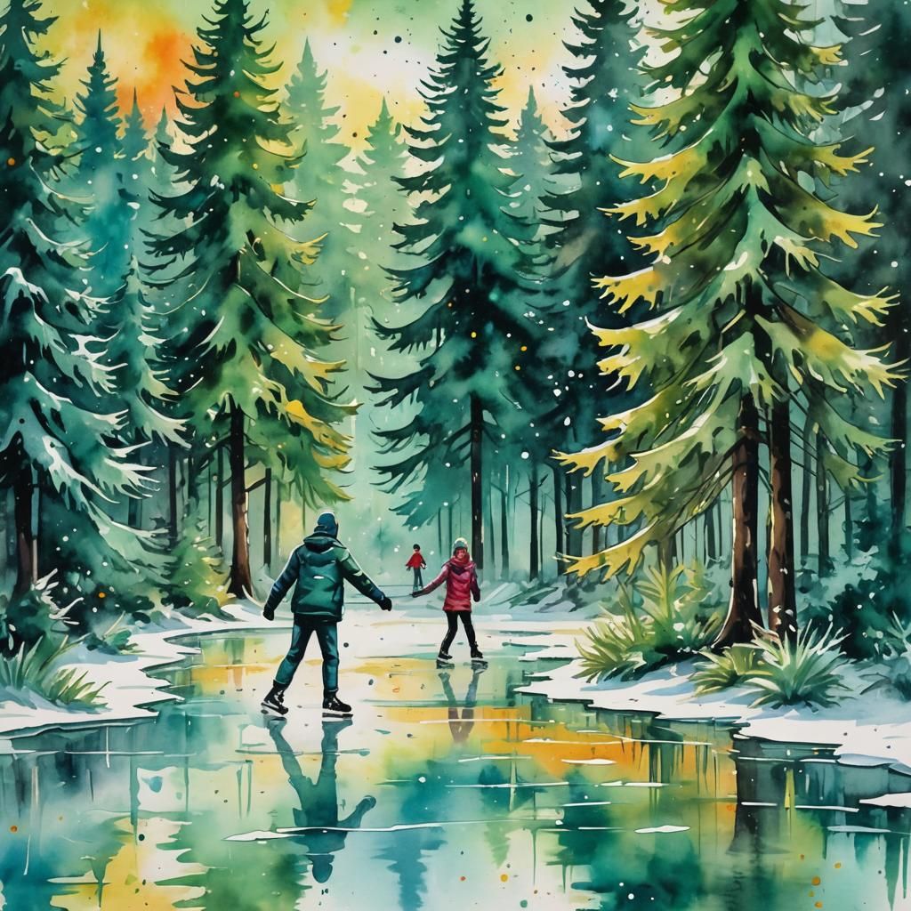 Ice couple skating on a lake