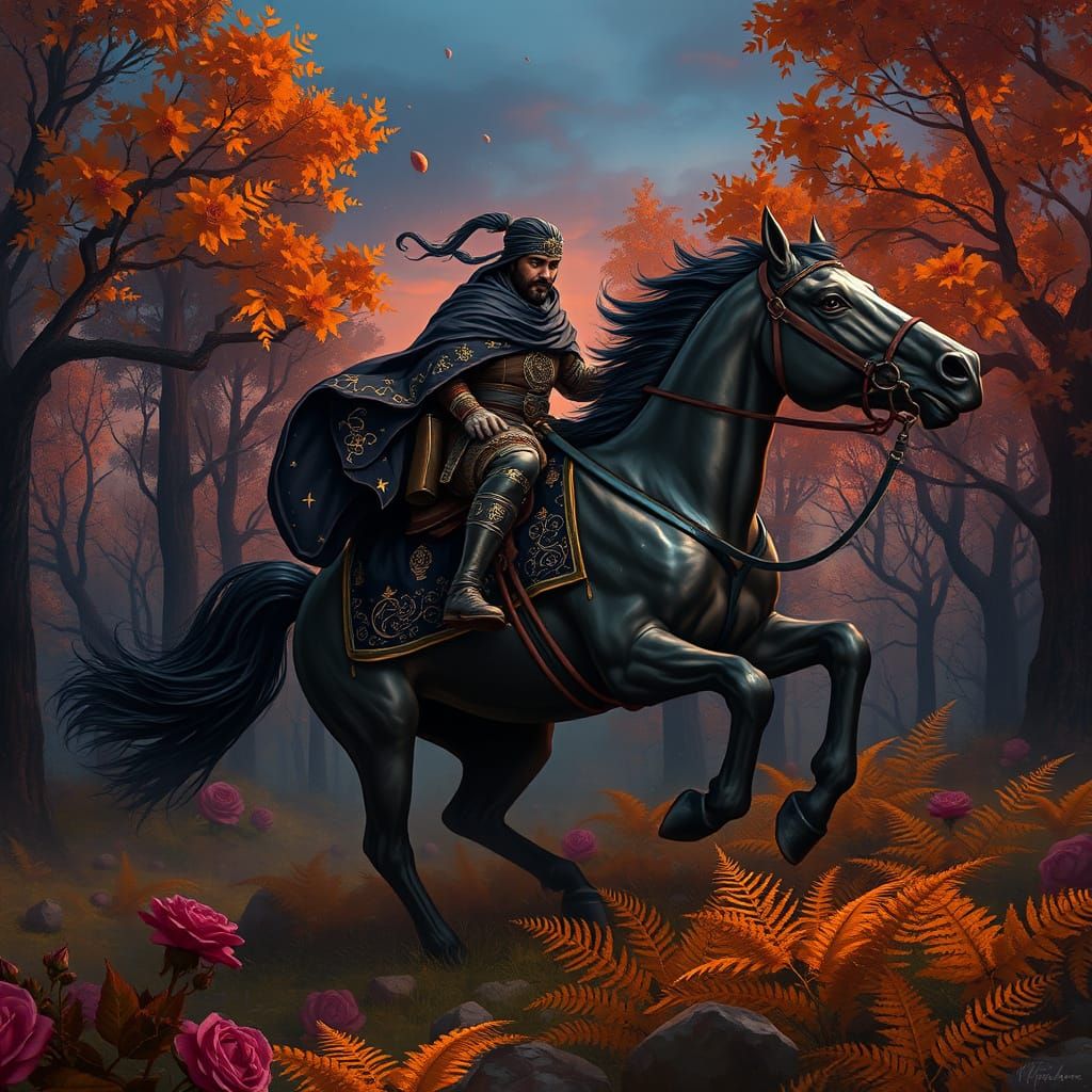 Berber Warrior on Horseback in Enchanted Forest
