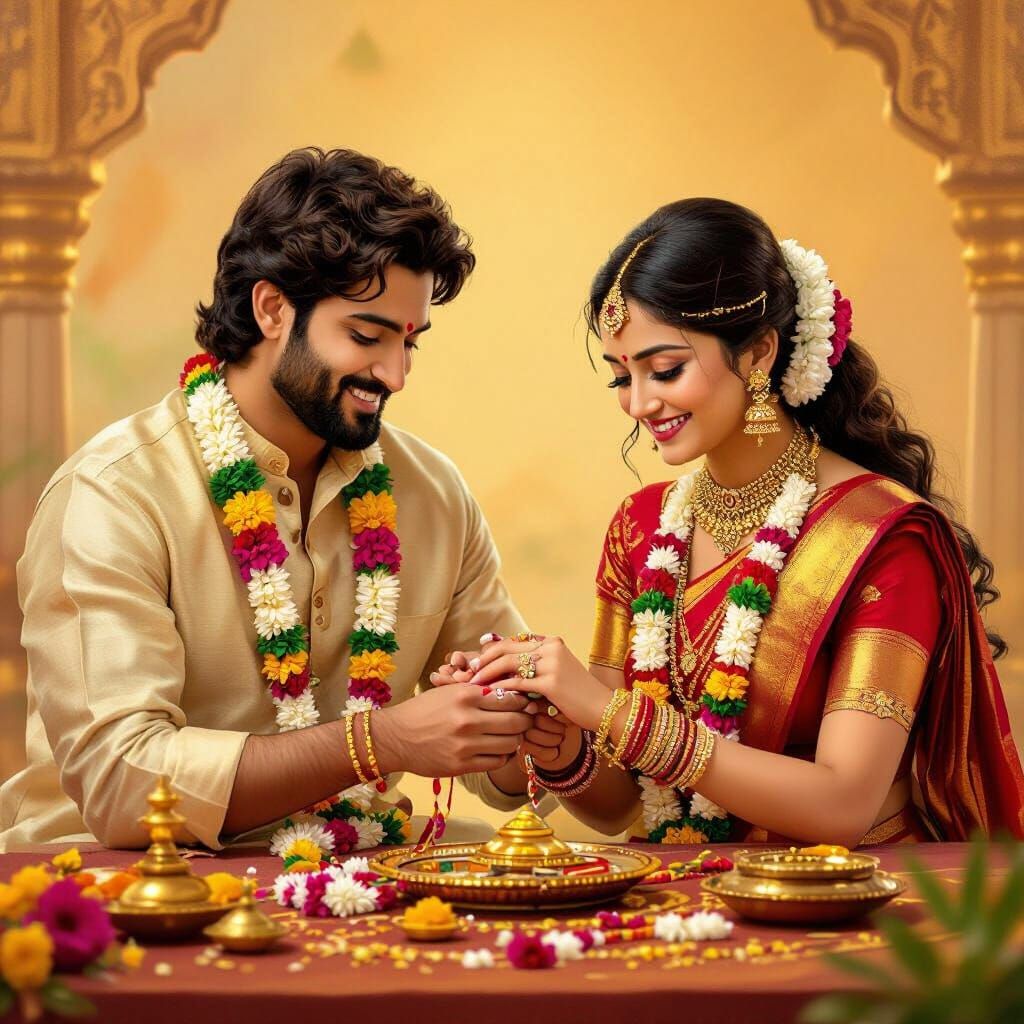 Sister Tying Rakhi on Brother's Wrist in Traditional Style