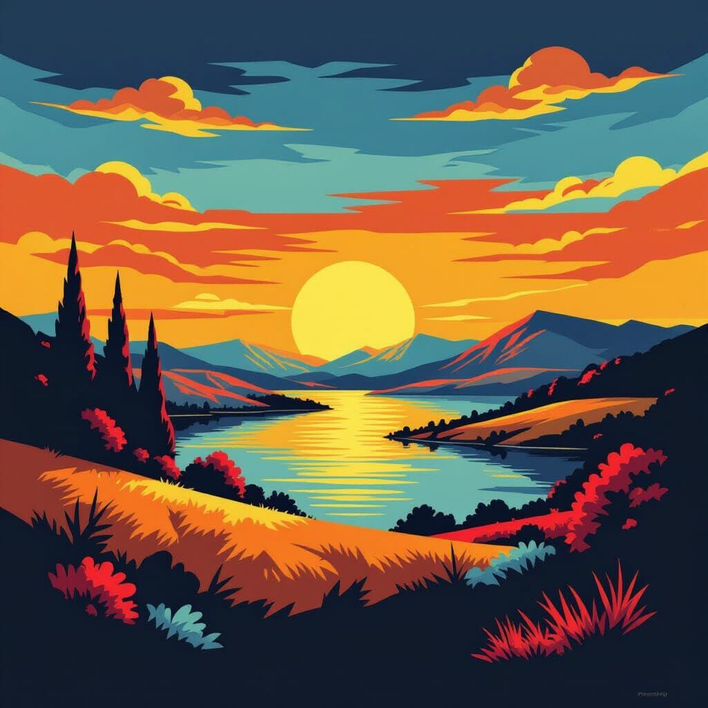 Pop Art Landscape in Screen Print Style