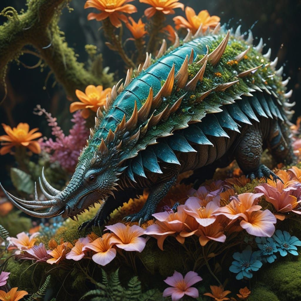 Glowing Dragon Armadillo in Vibrant Floral Landscape