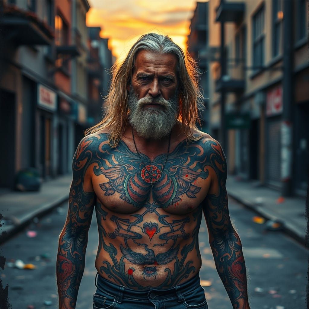 Weathered Wanderer in Dark Fantasy Urban Landscape