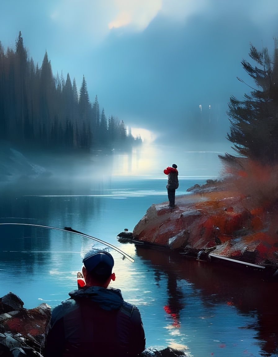 Father and Son Fishing: Expressive Brushstroke Painting