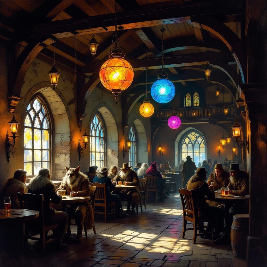 Ancient Tavern Scene with Mystical Patrons