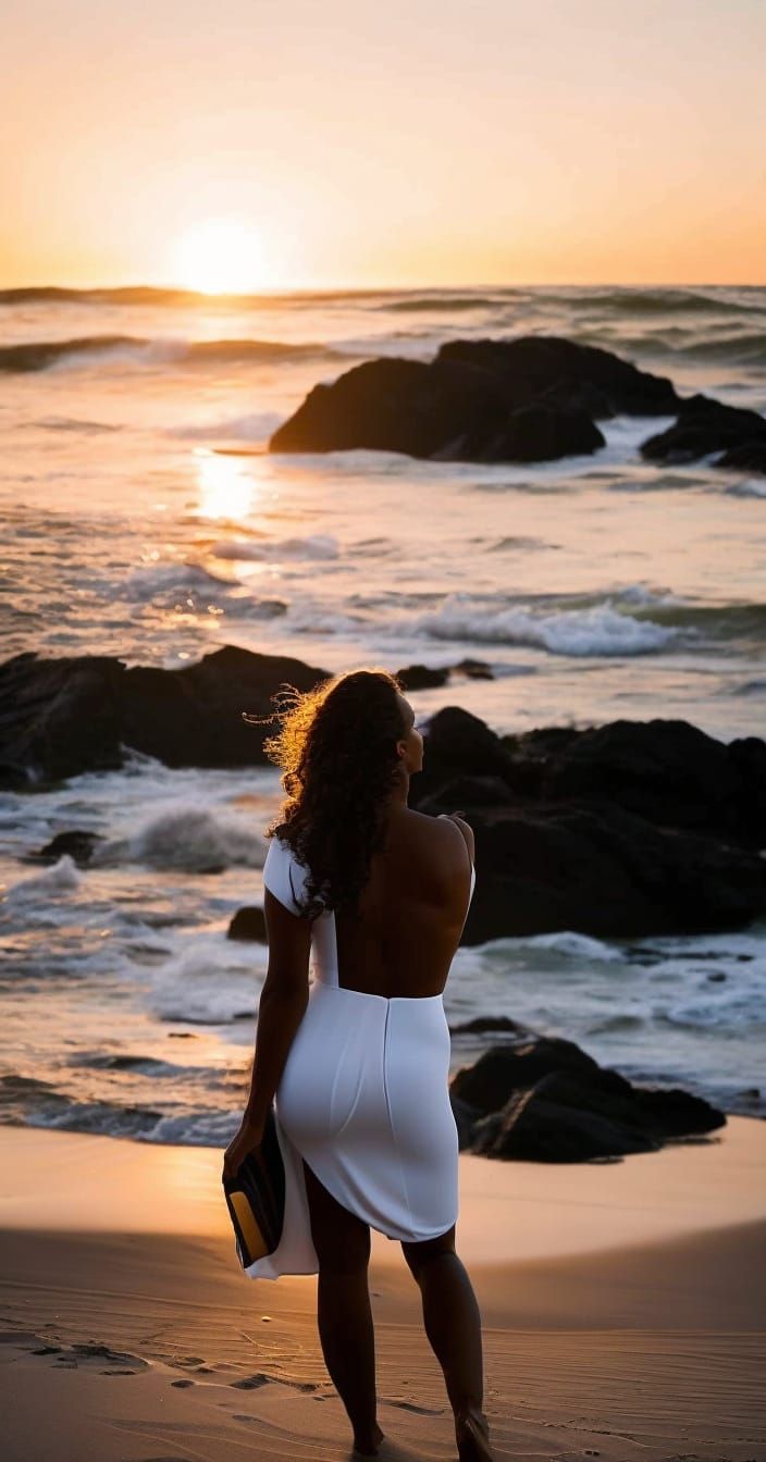 Woman in White Dress on Beach in Psychedelic Art