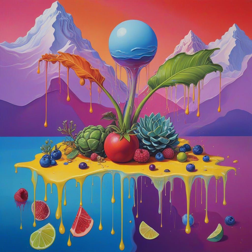 Psychedelic Dripping Fruit in Surrealist Oil Painting Style