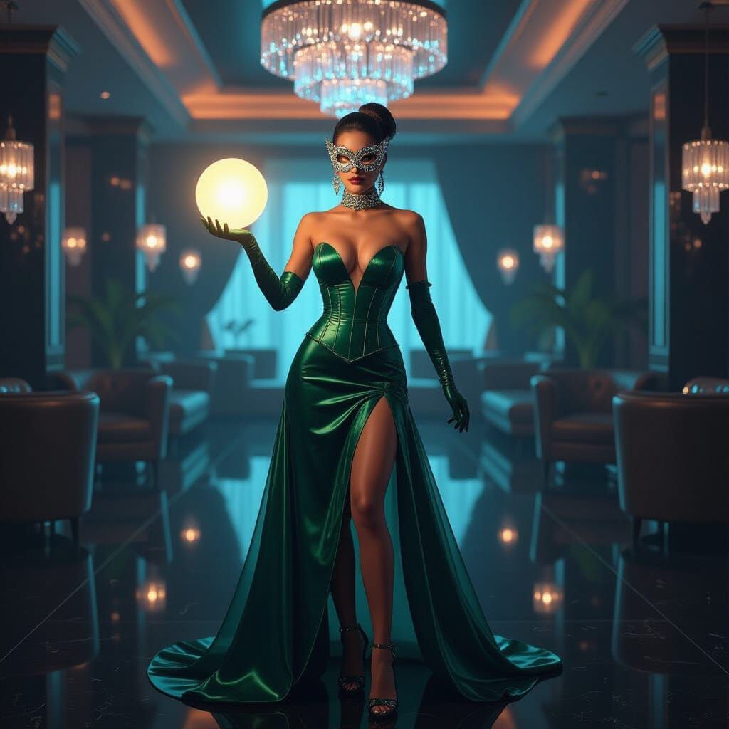 Neon Lounge: Woman with Emerald Corset and Glowing Orb