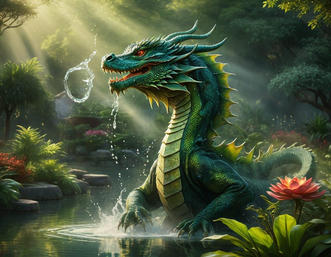 Oriental Water Dragon Juggling Water in Garden