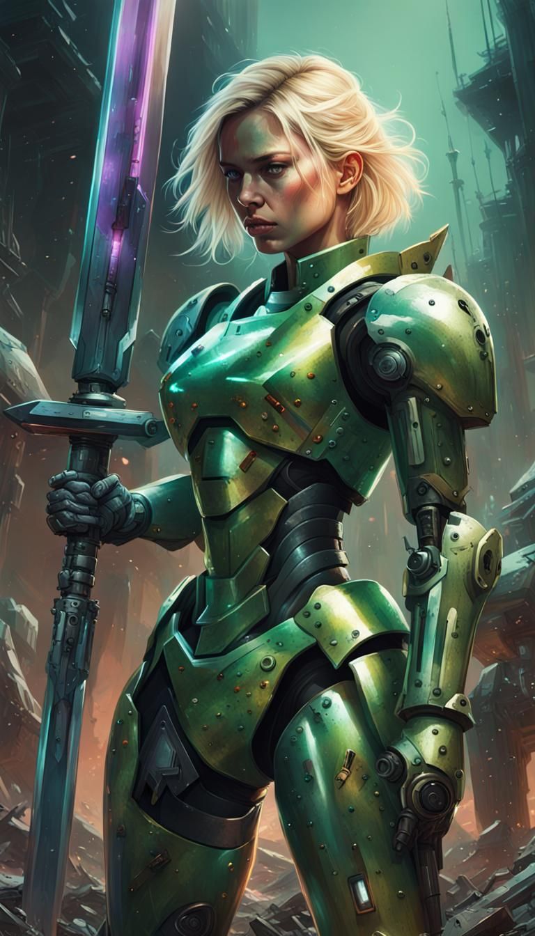 Armored Woman Praying in Techno Night