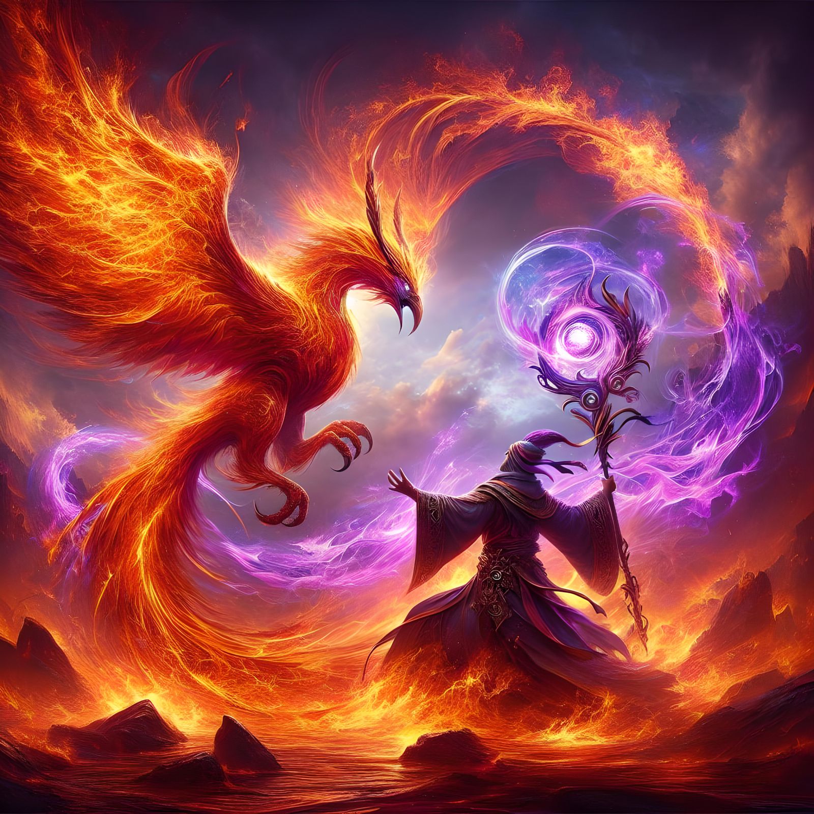 Magical Duel: Phoenix and Mage in Digital Art