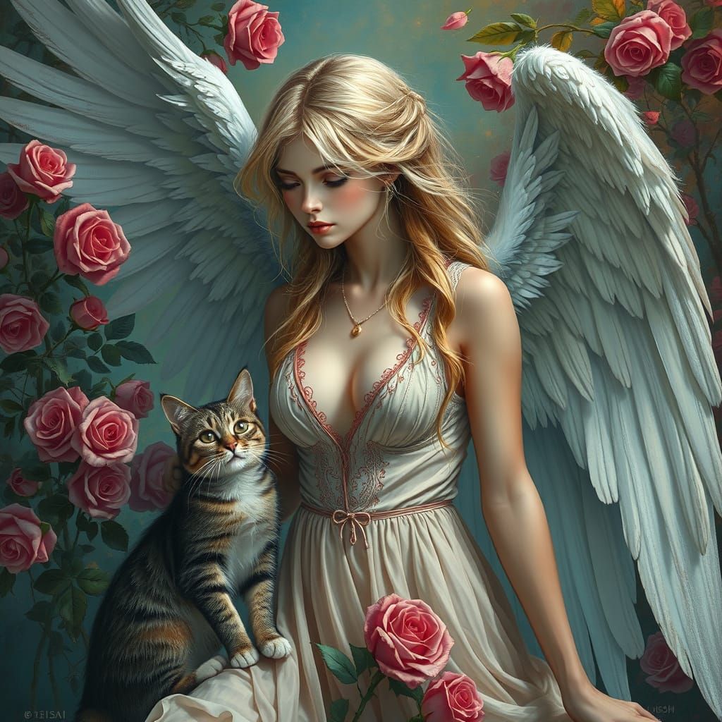 Blonde Angel in a Torn, Flowing Dress, Surrounded by Wild Ro...