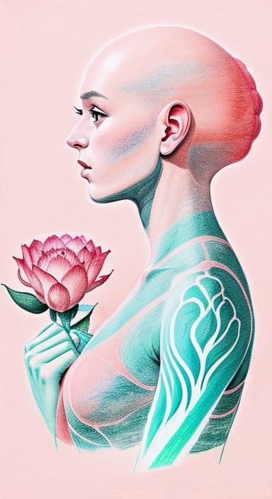 Psychedelic Bald Girl with Flowers, Minimalist Line Art