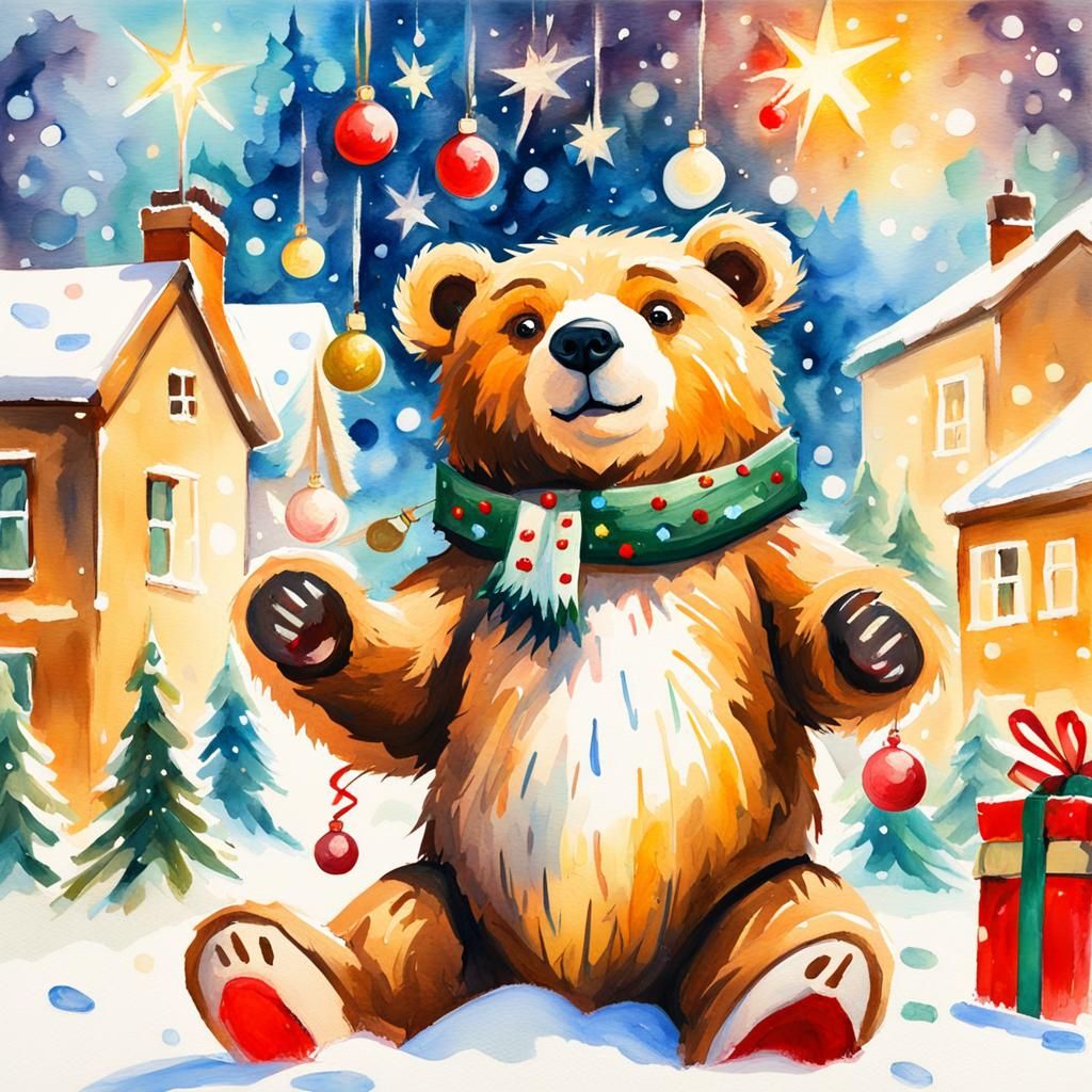 Toy Bear Celebrates Christmas in Gouache Style