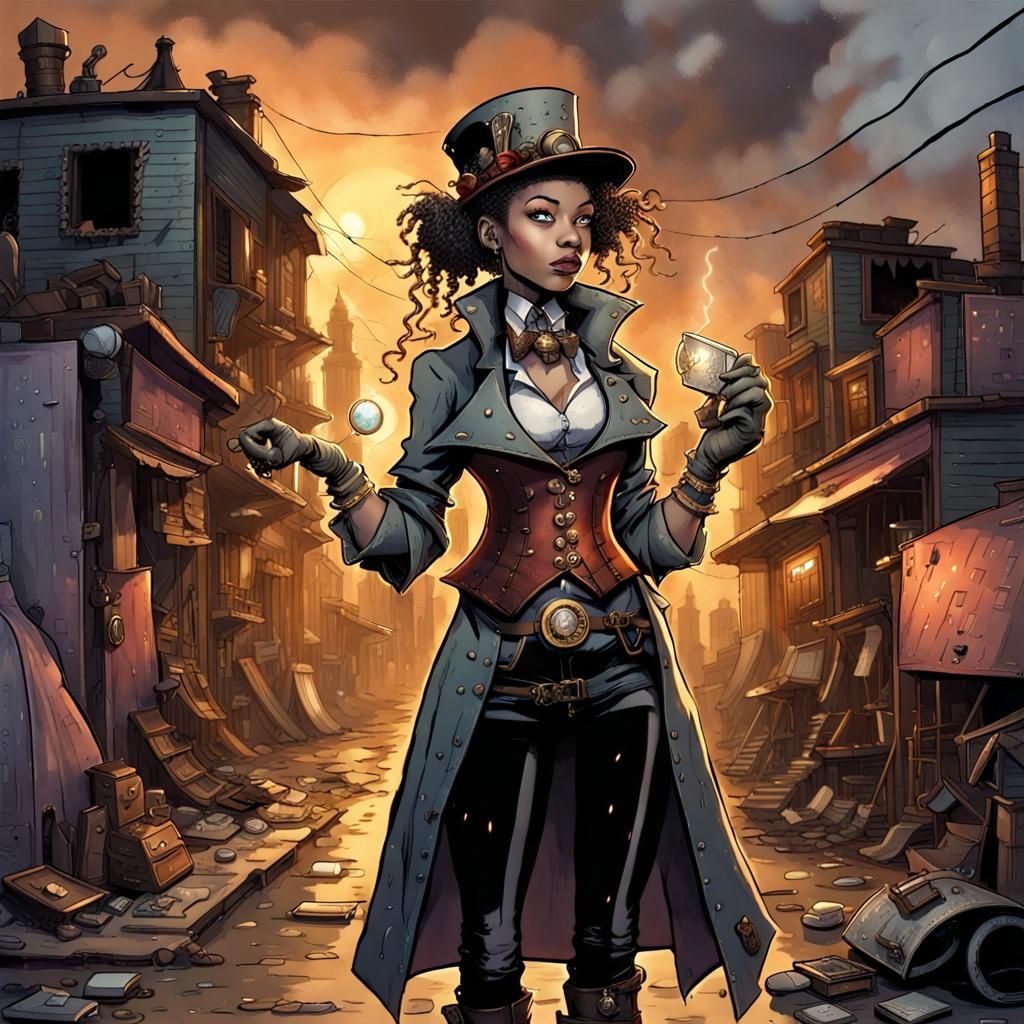 Steampunk Magician in Slums at Dusk, Comic Art