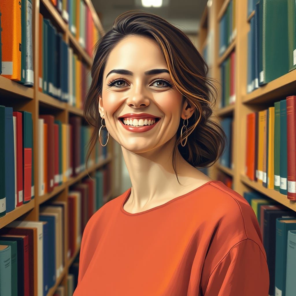 Woman in Library with Abstract Smile