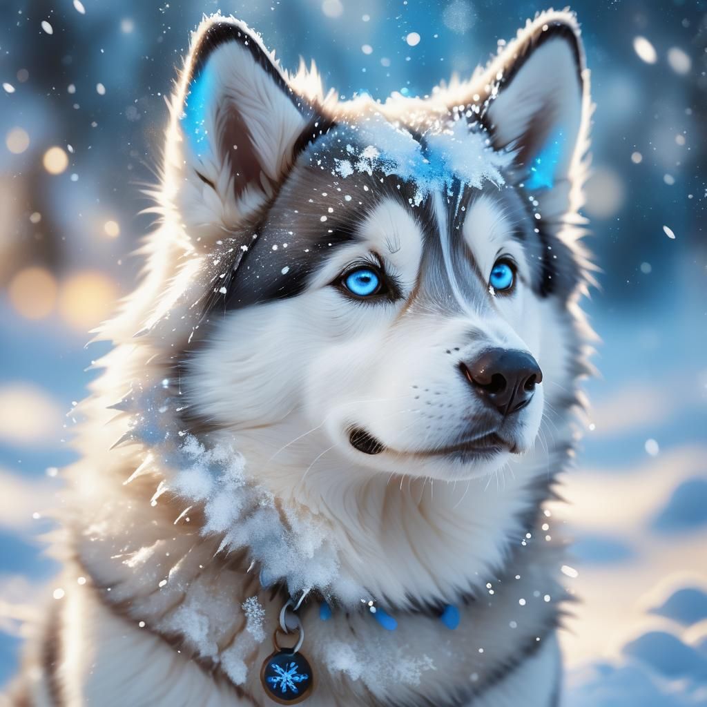 Fluffy Husky Puppy Portrait in Snow